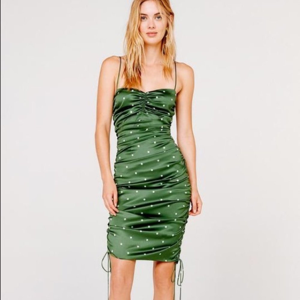 For Love & Lemons Green Polka Dot Ruched Dress Small